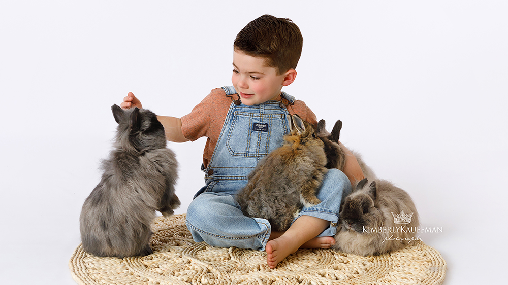 Boy being photographed with a bunny for the Bunny Hop