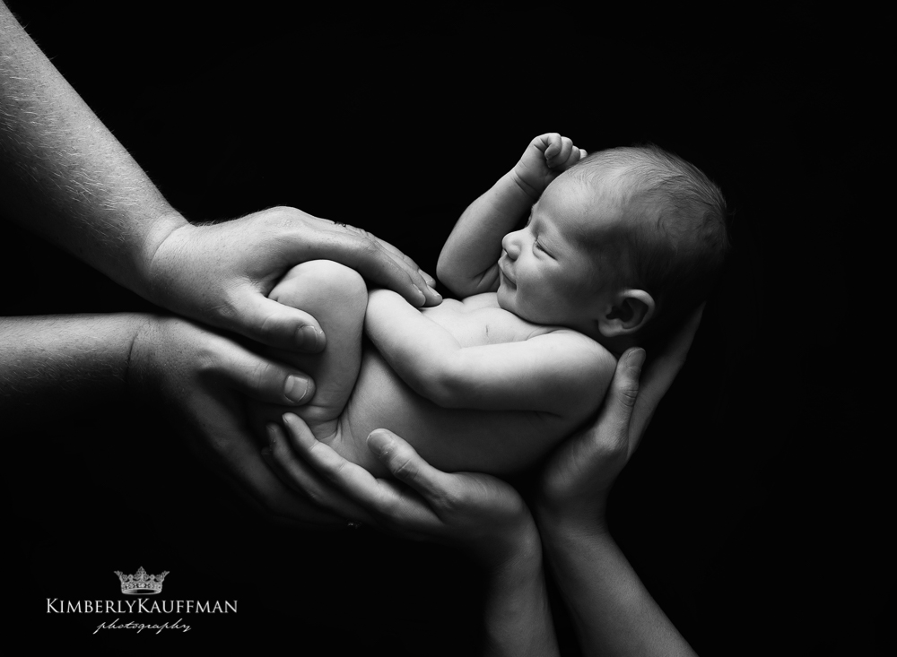 black and white photo of a baby being held by his parents hands